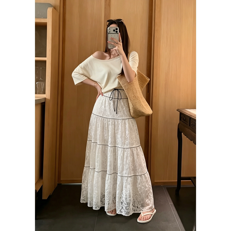 175cm Tall Women's Lace-Up Mesh Skirt, Summer Extended Version, Loose Fit, Slimming, Flowing, Long Skirt 175cm Tall Women's Lace-Up Mesh Skirt, Summer Extended Version, Loose Fit, Slimming, Flowing, Long Skirt