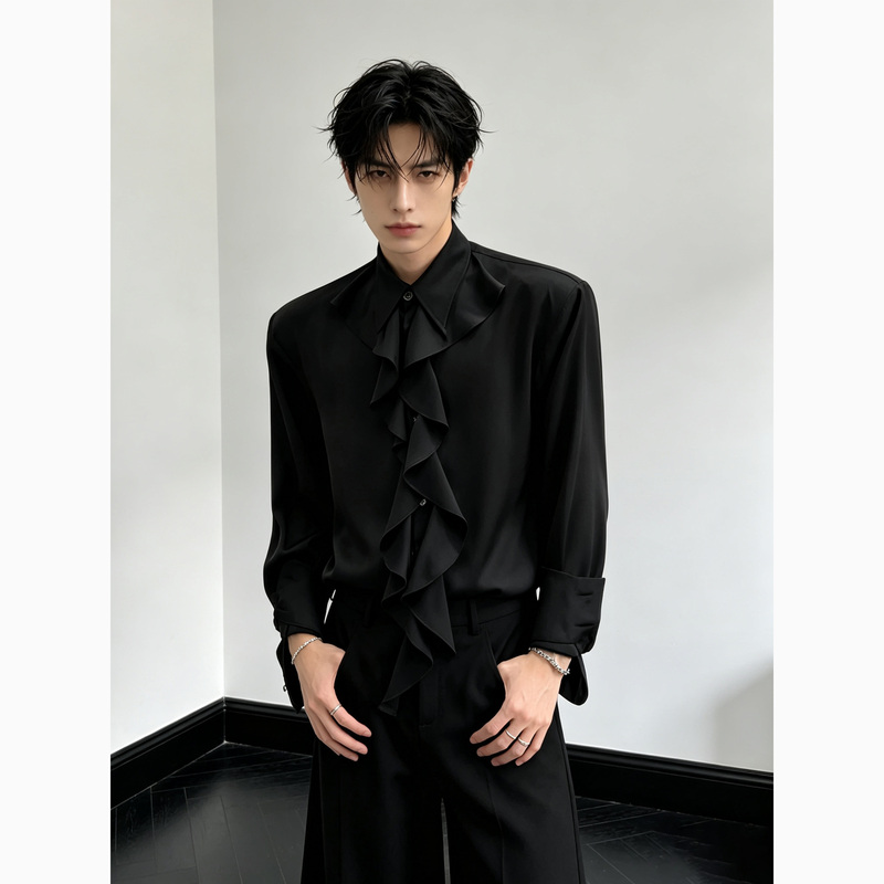 He Shiyue/Light Luxury French Style Non-Iron Black Shirt Performance Court Style Shirt British Long-Sleeved Shirt Male Model