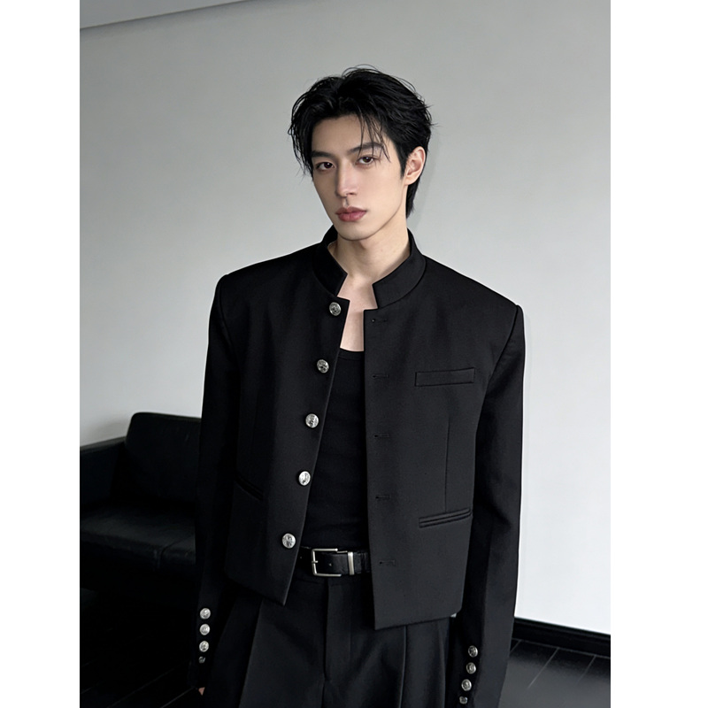 He Shiyue/New Chinese Style Black Suit Zhongshan Jacket for Men, High-End Casual Stand-Up Collar Handsome Jacket He Shiyue/New Chinese Style Black Suit Zhongshan Jacket for Men, High-End Casual Stand-Up Collar Handsome Jacket