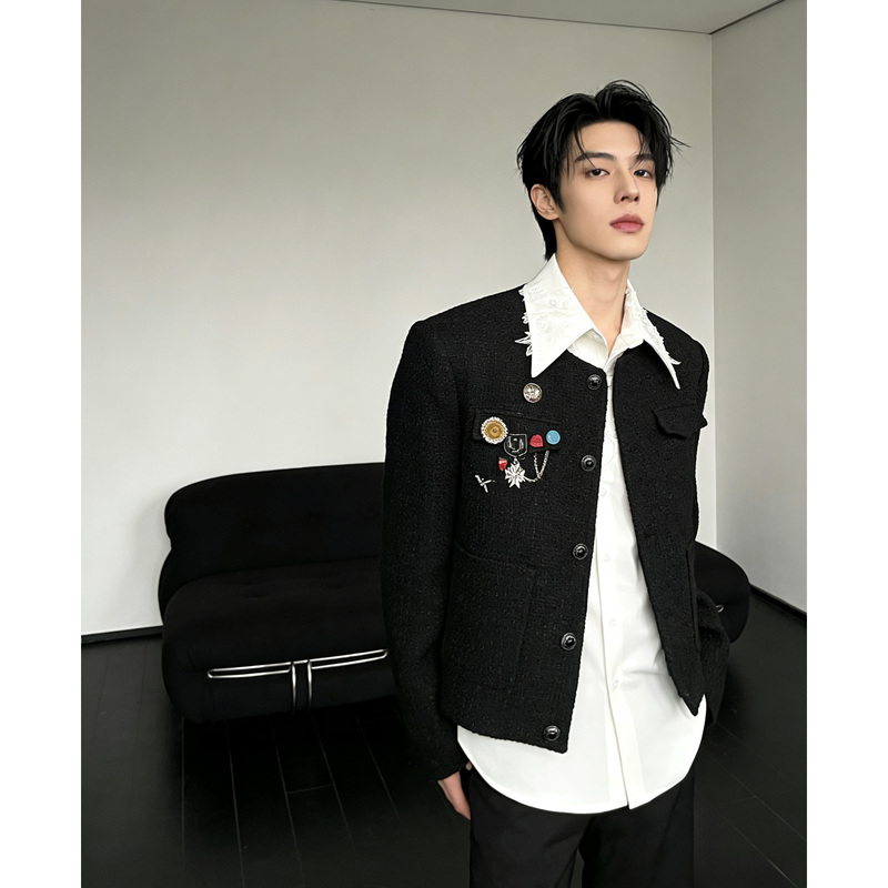 He Shiyue/Spring Style Light Luxury Design Black Chanel-Style Jacket for Men, High-End Short Padded Shoulder Jacket, Cool and Stylish