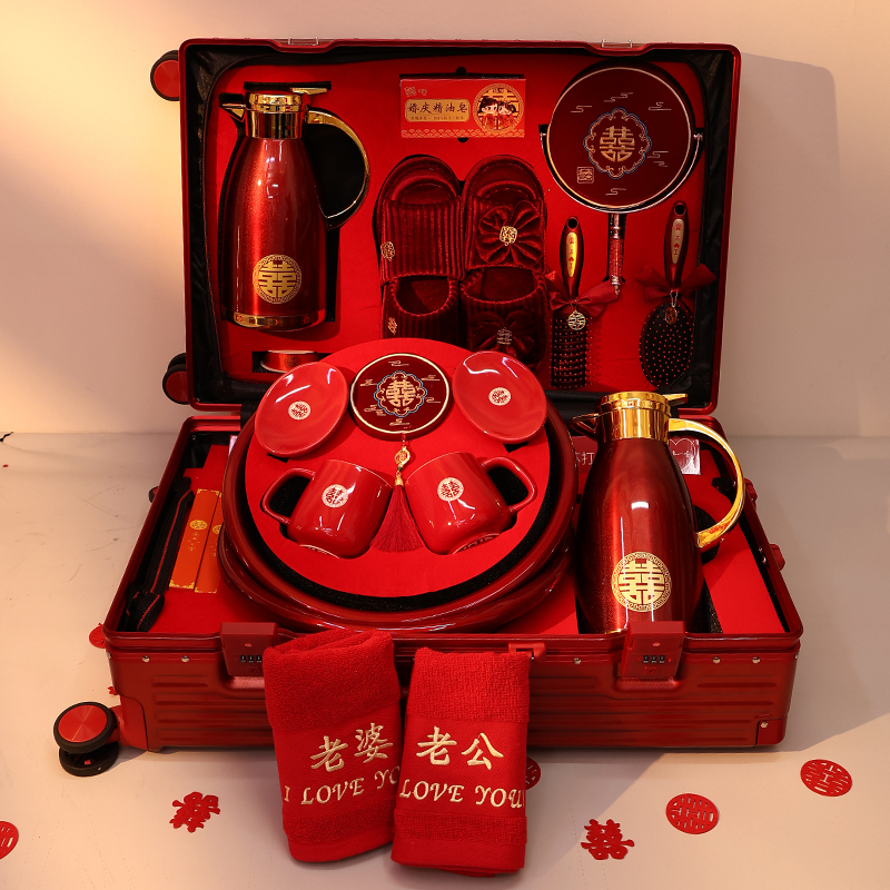 Wedding Set, Dowry Red Trolley Suitcase, Wedding Travel Suitcase, Wedding Password Bride's Dowry Box, 26-Inch Suitcase