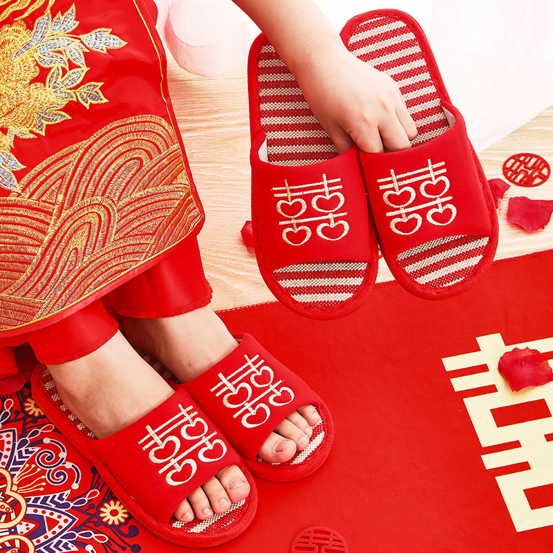 Wedding slippers festive red pair dowry indoor couple men and women spring and autumn home slippers wedding supplies