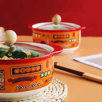 Net Red National Tide Retro Ceramic Round Bubble Noodles Bowl 7 Inch Small Soup Bowl With Lid Glazed Lower Color Microwave Oven Double Ear Bowl