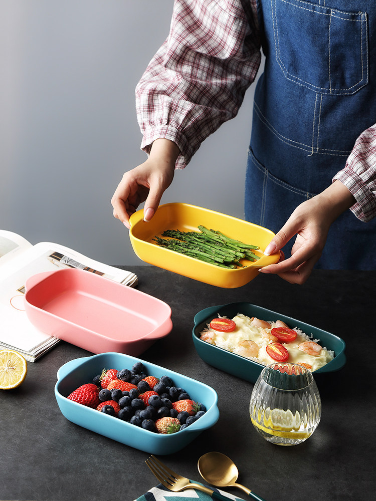 Home Nordic creative baking cheese gratin rice plate Net red Ceramic binaural microwave oven rectangular plate