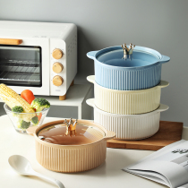 Ceramic soup bowl big number with cover new home Nordic creative round double ear soup pot 8-inch soup pot with large spoon