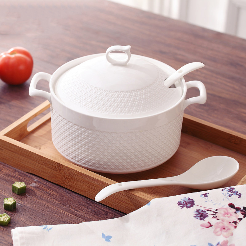 Send large spoon large number with lid Home Ceramic Soup Bowl Microwave Tableware Daily Style Double Ear Bowl 