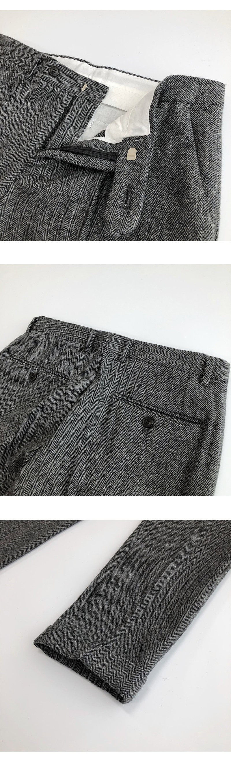 Men's Herringbone Tweed Wool Blend Trousers Casual Retro Slim