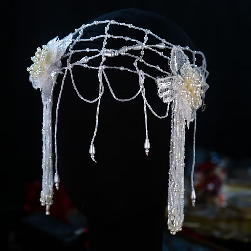 Gatsby Exotic Style Beaded Headband Hair Net French Retro Prom Flower Tassel Hairpin Dress Accessories for Women