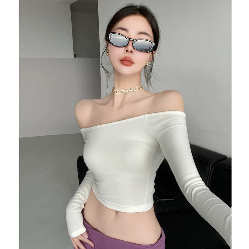 Huo Xiaoan~ Atmospheric Little T-Shirt with a Pure and Desirable Vibe, Off-Shoulder White T-Shirt for Women, Long-Sleeved, Stretchy, Slim-Fit, Short Crop Top Huo Xiaoan~ Atmospheric Little T-Shirt with a Pure and Desirable Vibe, Off-Shoulder White T-Shirt for Women, Long-Sleeved, Stretchy, Slim-Fit, Short Crop Top