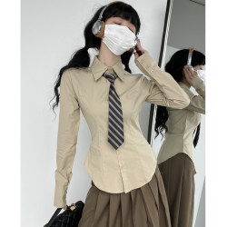 Female High School Senior Stylish Long-Sleeved Shirt, Women's Spring and Autumn Preppy Style Retro Waist-Cinching Slimming Jk Uniform Top with Tie