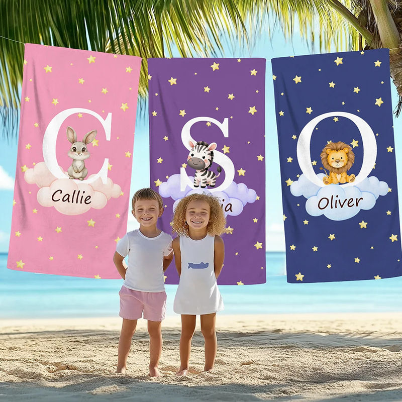 Beach Towel Personalized with Multi-Color Clouds, Stars, Forest Animals, with Initials and Name, Summer Beach Pool Bath Towel Beach Towel Personalized with Multi-Color Clouds, Stars, Forest Animals, with Initials and Name, Summer Beach Pool Bath Towel