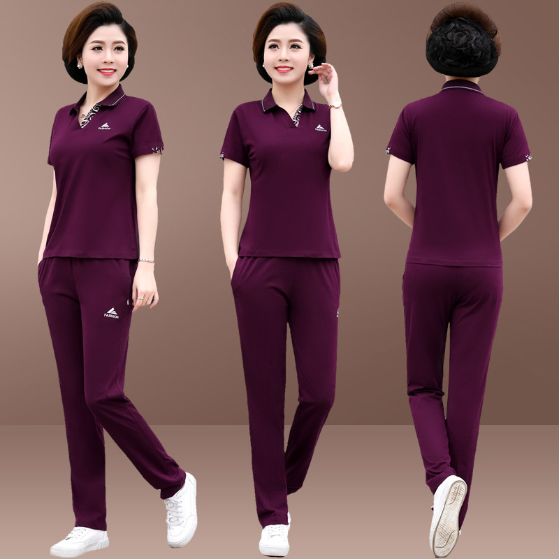 2020 new mom summer top middle-aged sports suit Women's middle-aged and elderly short-sleeved t-shirt Western style two-piece set