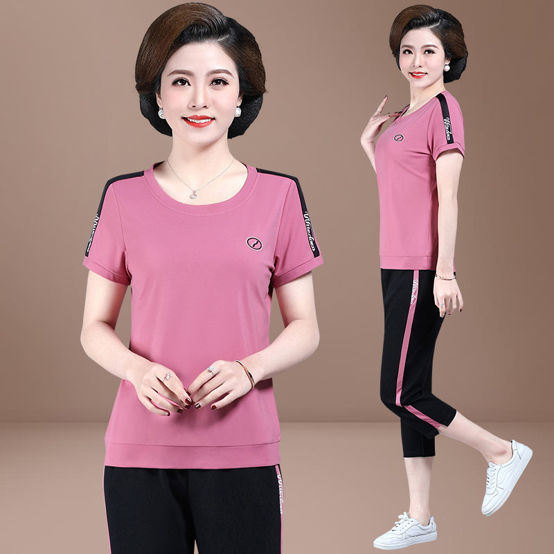 2020 new middle-aged and elderly mother summer dress short sleeve T-shirt large size gas middle-aged sportswear suit female 40 years old 50
