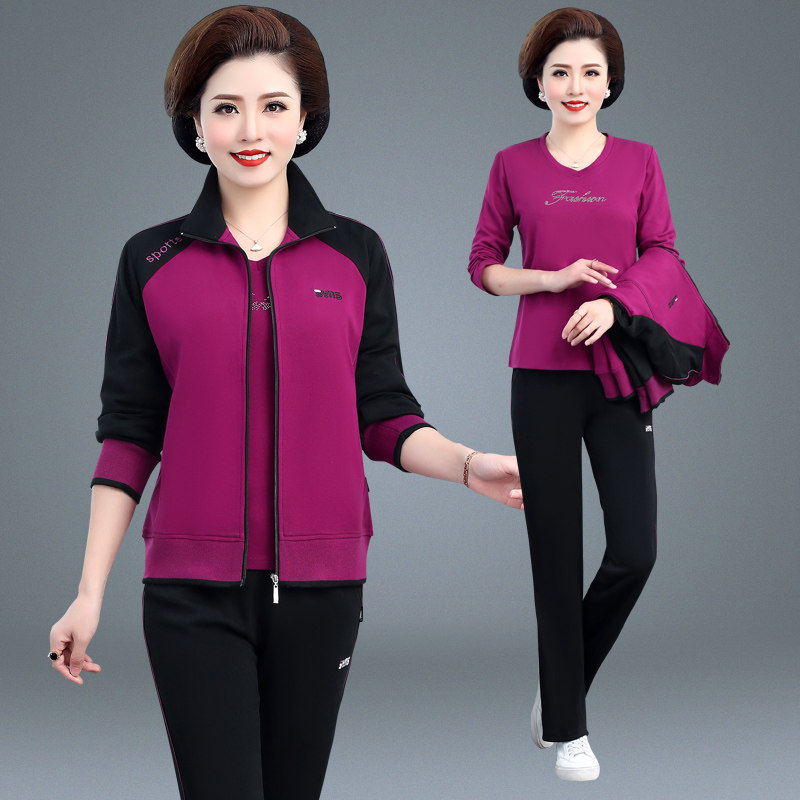 Middle-aged and elderly sportswear suit Large size color middle-aged women spring long-sleeved three-piece set mom spring and autumn jacket