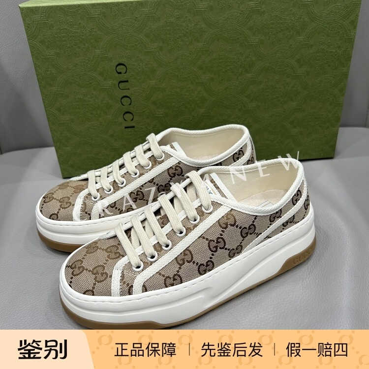 【Authentic Product】 Gucci Women's White-Edged Double-G Monogram Lace-Up Thick-Soled Casual Sneakers