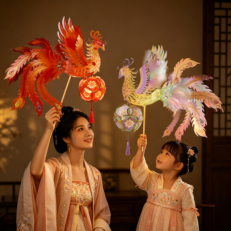 Mid-Autumn Festival Colorful Phoenix Lantern Children's DIY Material Kit Portable Gold-Stamped Palace Lantern Hundred Birds Flocking to the Phoenix Glowing Lantern