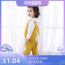 Baby thin bib pants spring pure cotton baby 1-3 years old big PP pants can be opened for childrens wool one-piece plus velvet autumn