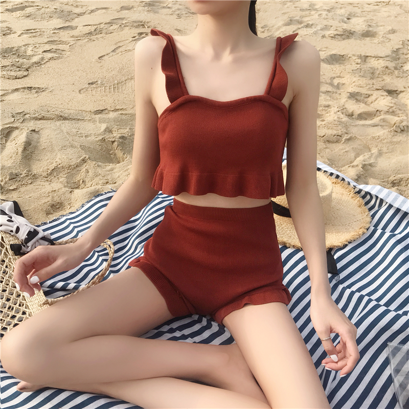 Swimsuit women's summer 2021 new Korean ins two-piece conservative swimming suit small chest gathered to cover belly thin hot spring
