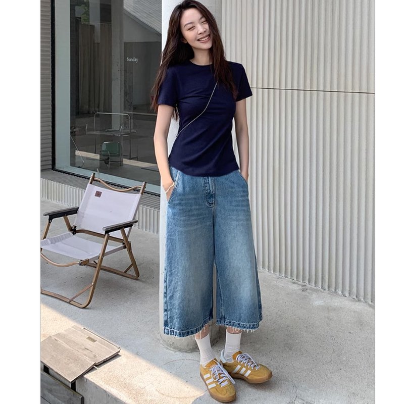 Maternity Cropped Denim Wide-Leg Pants, New Design, Summer Thin Style, Suitable for Petite Sizes, Loose Fit, Slimming Maternity Pants