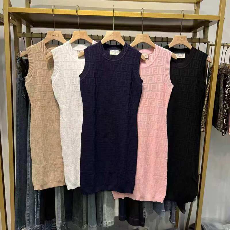 Summer High-End Embossed All-Over Letter Knit Dress, Sleeveless, Slim-Fitting, Elegant, Sexy, Versatile, Bodycon Tank Dress