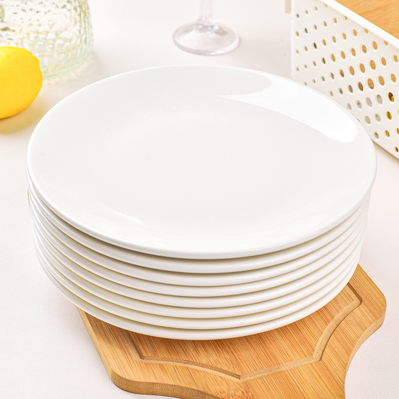 Plate Pure White Shallow Plate Ceramic White Dish Plate for Home Use Steak Western Food Commercial Use Round Simple High-End Thickened