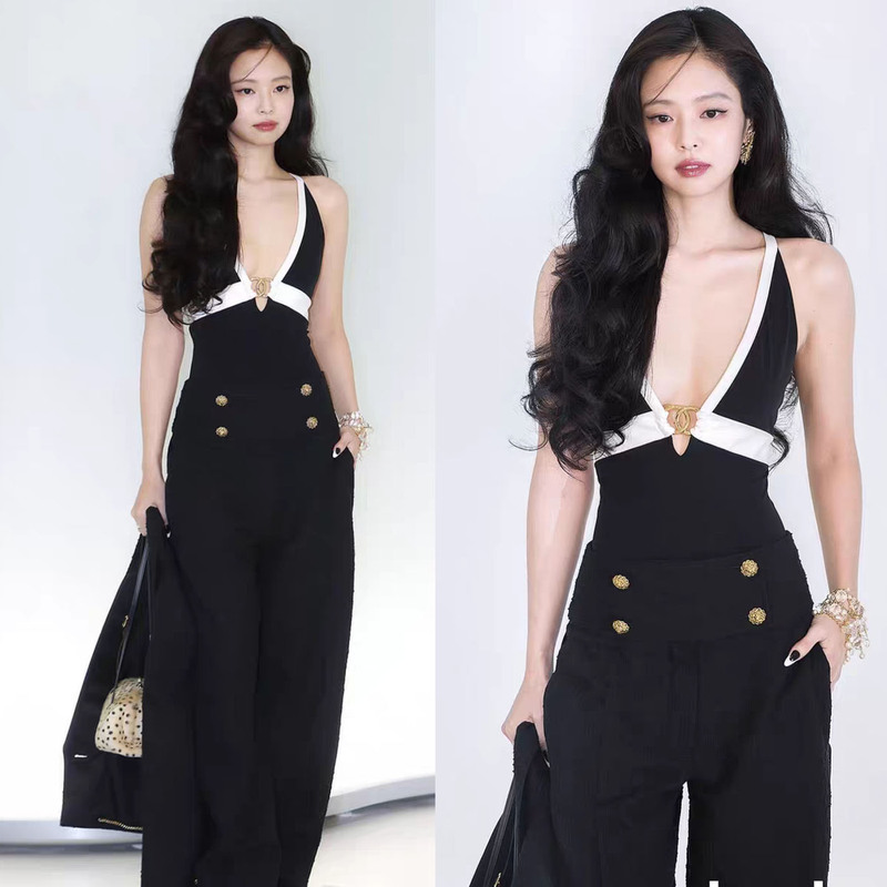 Jennie-Inspired Design Color-Block Deep V-Neck Tank Top High-Waisted Wide-Leg Pants Fashion Set for Women Summer Jennie-Inspired Design Color-Block Deep V-Neck Tank Top High-Waisted Wide-Leg Pants Fashion Set for Women Summer