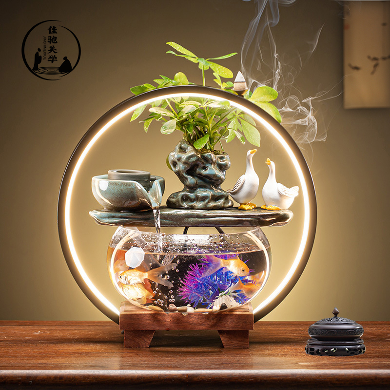 Creative Flowing Water Ornament for Living Room Desktop, Round Glass Fish Tank with Circulating Ecological Aquarium, Chinese-Style Opening Ceremony Gift Creative Flowing Water Ornament for Living Room Desktop, Round Glass Fish Tank with Circulating Ecological Aquarium, Chinese-Style Opening Ceremony Gift