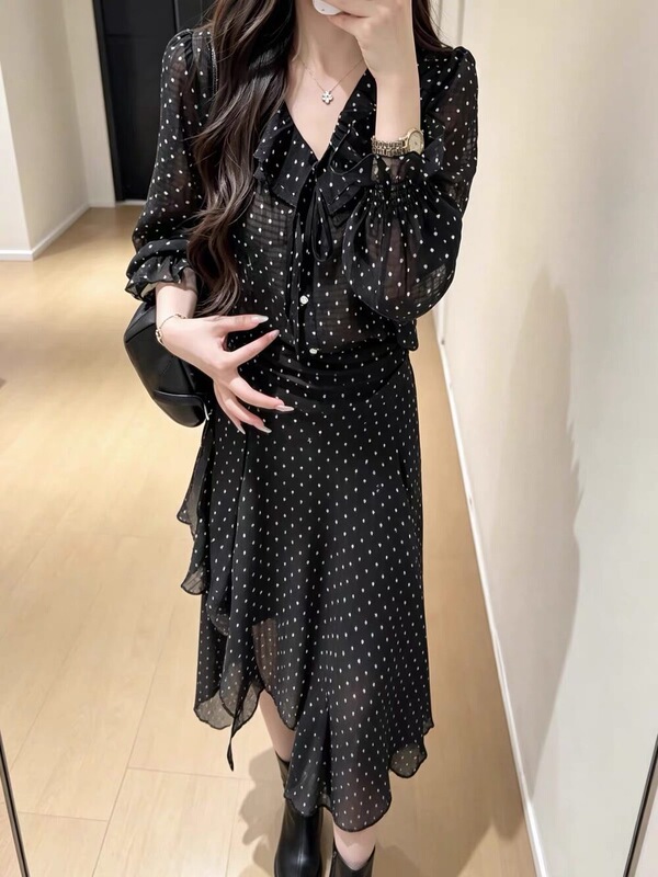 Set! One Two Polka Dot Ladylike Atmosphere Commuting Style Lace-Up Ruffled Korean-Style Exquisite Blouse 20242