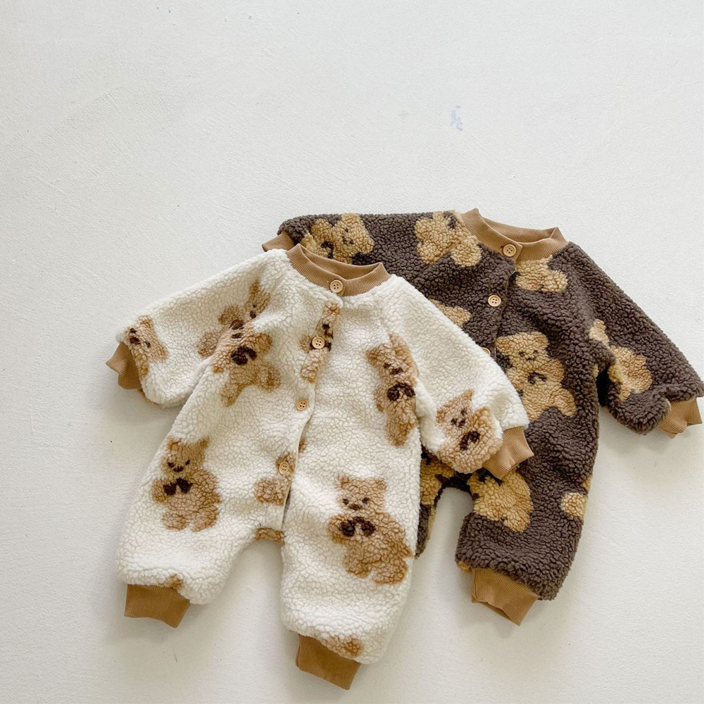 Plush thickened baby jumpsuit jacket autumn and winter clothes warm romper baby bear going out lamb wool romper