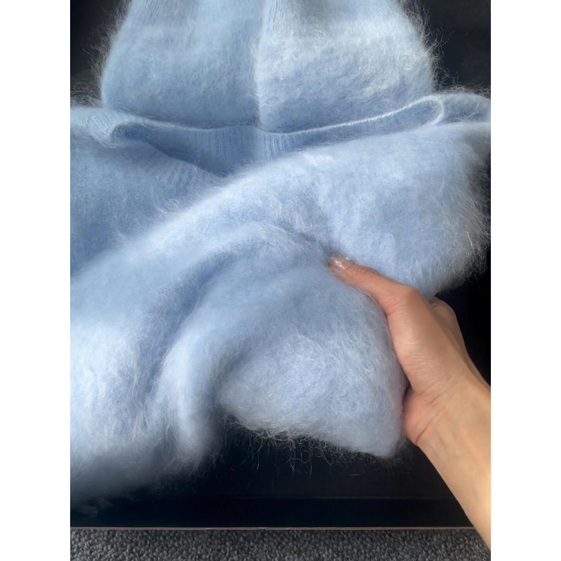 Cashmere + Wool Brushed! Sky Blue Sweater Knit Top, Soft and Luxurious, High-End, Lazy Style, Solid Color, Women's Pullover for Autumn