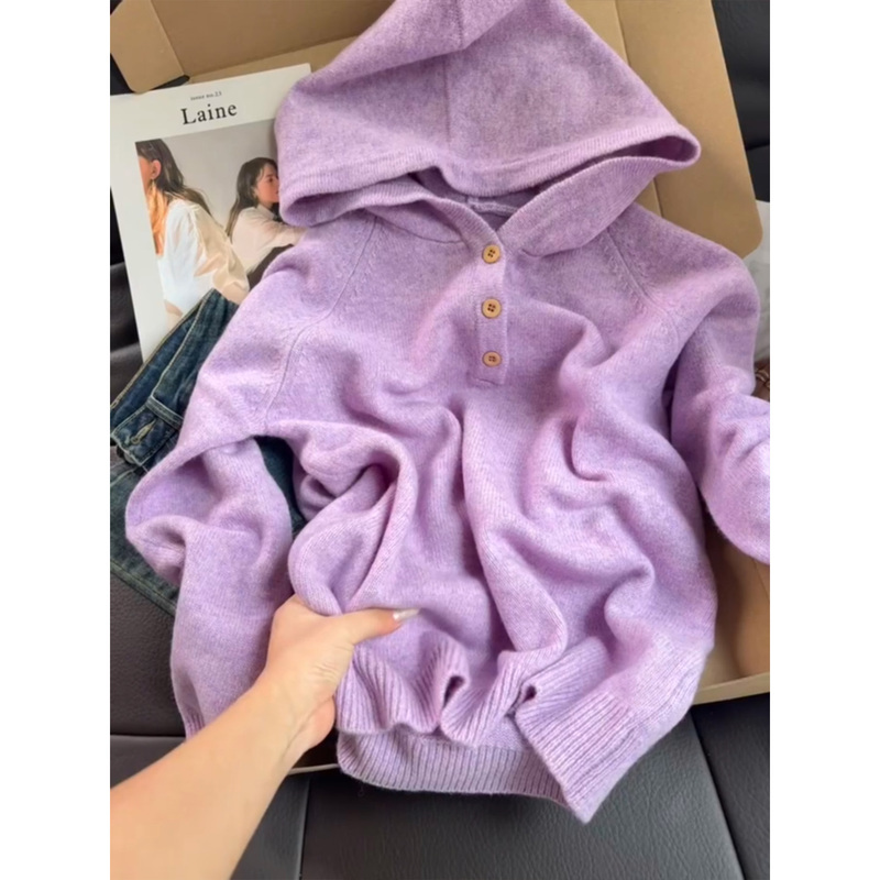 Purple Hooded Sweater Pullover Knit Top for Autumn and Winter, Lazy Style High Wool Cashmere, New Autumn and Winter 2026 Collection