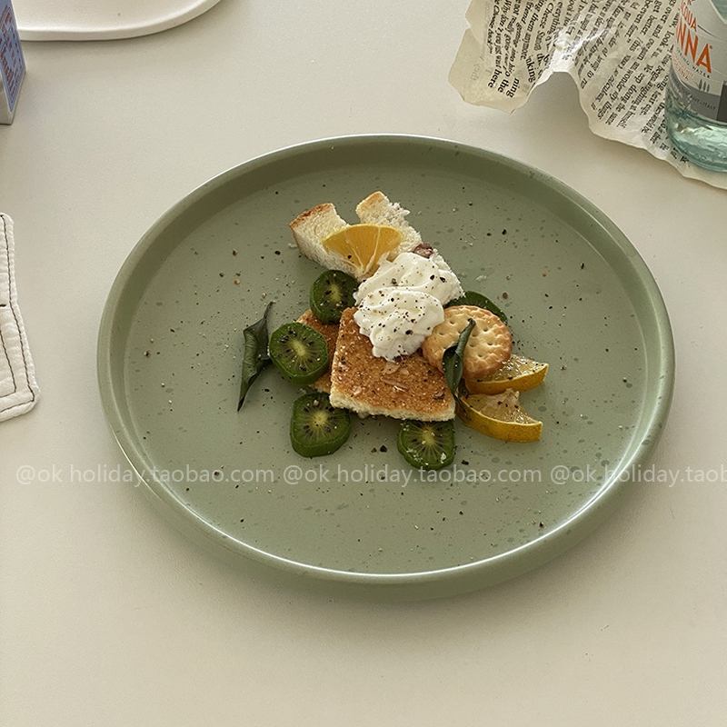 Simple ins Retro Green Matte Nordic Splatter Ceramic Plate Steak Plate Restaurant Thick Tableware New Home Plate
