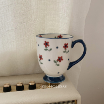 ok holiday * Korea ins wind retro dark blue lace small crushed flower ceramic Mark cup breakfast cup coffee cup