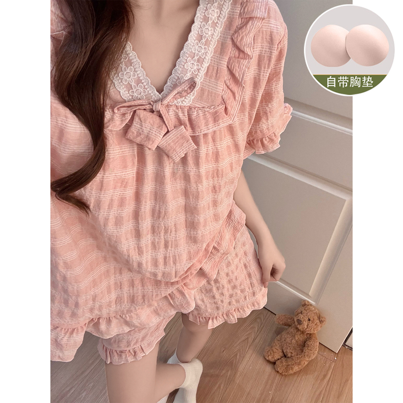 Princess Style Pink Pajamas with Breast Pads for Women, Summer 2026 New Style, Sweet Lace Short-Sleeved Shorts Home Wear Set