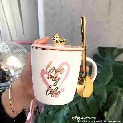 Cute pink girl heart three-dimensional gold-plated love ceramic cup with lid spoon student office milk coffee cup