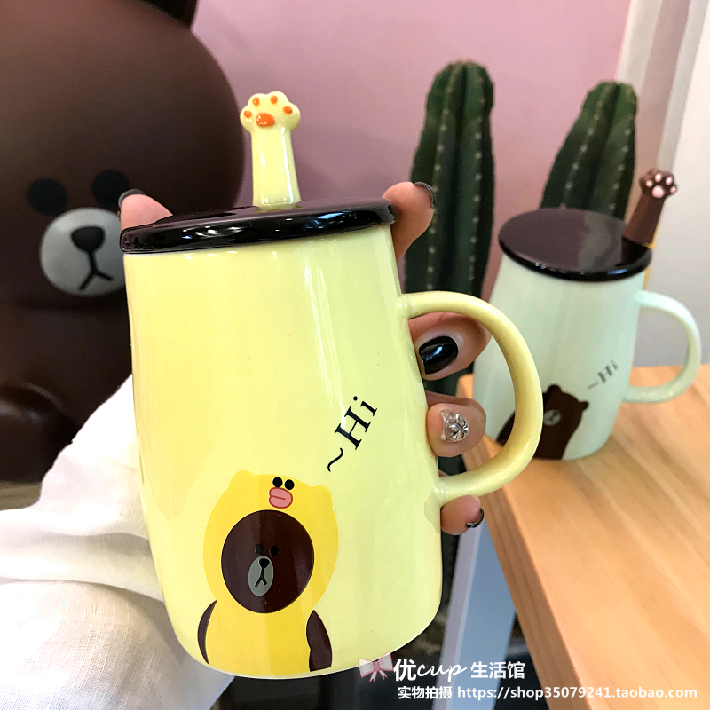 Korean version cute cartoon ceramic cup cat claw with lid with spoon office Large capacity male and female student lovers coffee cup