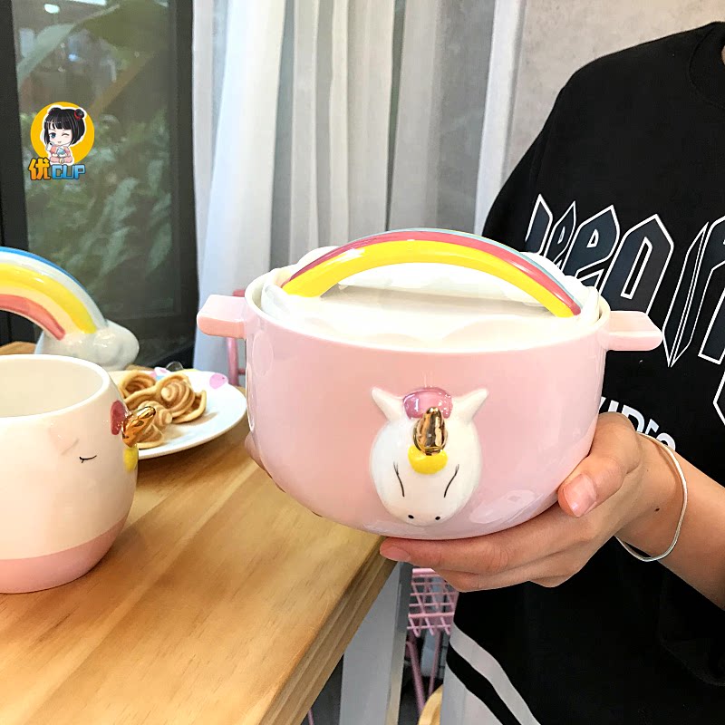 innet red unicorn Blister Noodles Bowl Sketching Large Capacity Mark Cup With Lid Spoon Sketching ceramic Cup Saucer