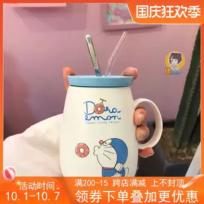 Suction spoon with lid Doraemon ceramic cup Dingdang cat cartoon student couple large capacity mug