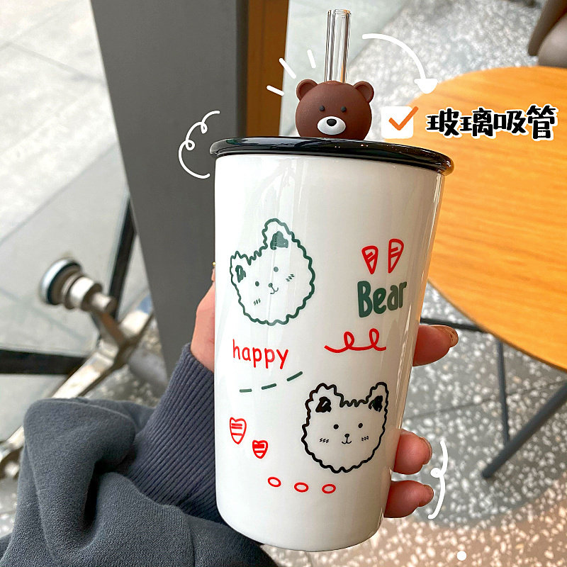 Creative mug super cute ceramic cup with lid with straw couple water cup male and female students large capacity coffee cup
