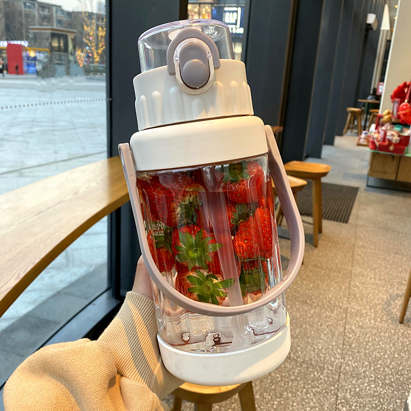 Simple large capacity straw plastic cup tote bag straw men and women sports fitness kettle 2L summer high temperature resistant cup