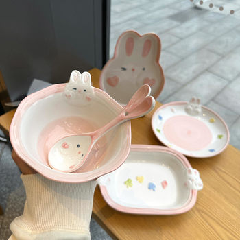Korean-Style Cute Cartoon Rabbit Ceramic Underglaze Color Household 5-Inch Rice Bowl for Women, High Aesthetic Value, Children's Breakfast Set
