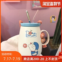 Straw spoon with lid Doraemon ceramic cup Jingle Cat cartoon student couple large capacity mug