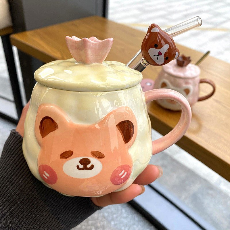 ins Korean cute cartoon breakfast cup girl student ceramic cup with lid spoon bear mug straw Cup