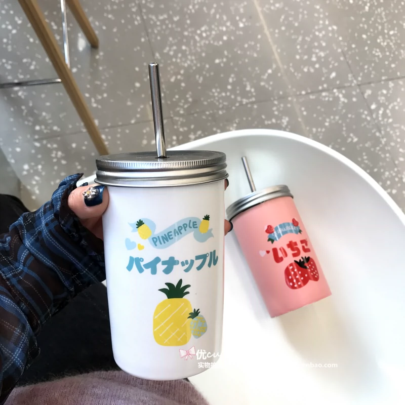 Cô gái dễ thương cốc dứa dâu tây phong cách Nhật Bản có nắp bằng cốc rơm công suất lớn cà phê cốc ăn sáng - Tách