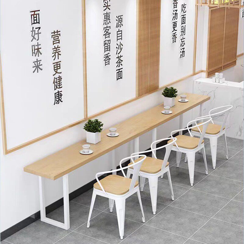 Commercial Solid Wood Bar Table Close To Wall Strip Table Milk Tea Shop Bar High Foot Table Day Material Canteen Table Chairs Combination-Taobao