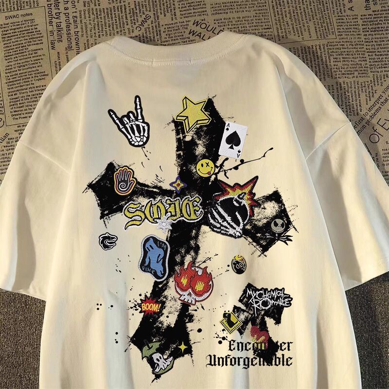 100% Cotton American Trendy Brand Cross Cartoon Skull Short-Sleeved T-Shirt for Men and Women Summer Oversize Loose Top