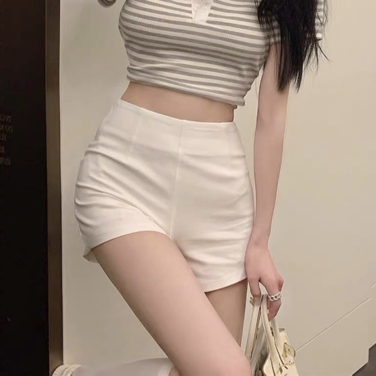 High-Waisted Slim-Fit A-Line Stretchy White Hot Pants for Women, Summer Style, Suitable for Petite Figures