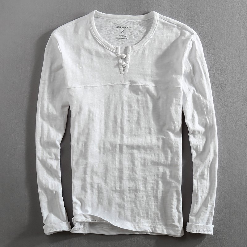 Autumn cotton long-sleeved thin T-shirt men's youth Japanese buckle loose round neck t-shirt solid bottoming shirt