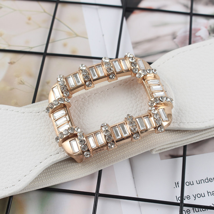 PU Leather High Elastic Wide Belt for Women Stretch Waist Belt for Dress Autumn Stretch Women Belts White Red Pearl Buckle Belt