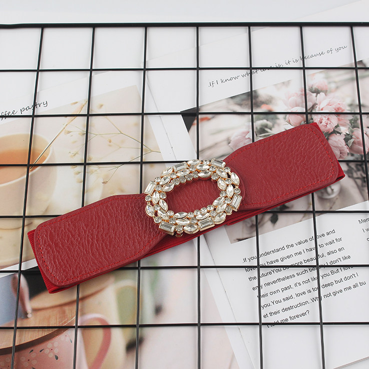 PU Leather High Elastic Wide Belt for Women Stretch Waist Belt for Dress Autumn Stretch Women Belts White Red Pearl Buckle Belt